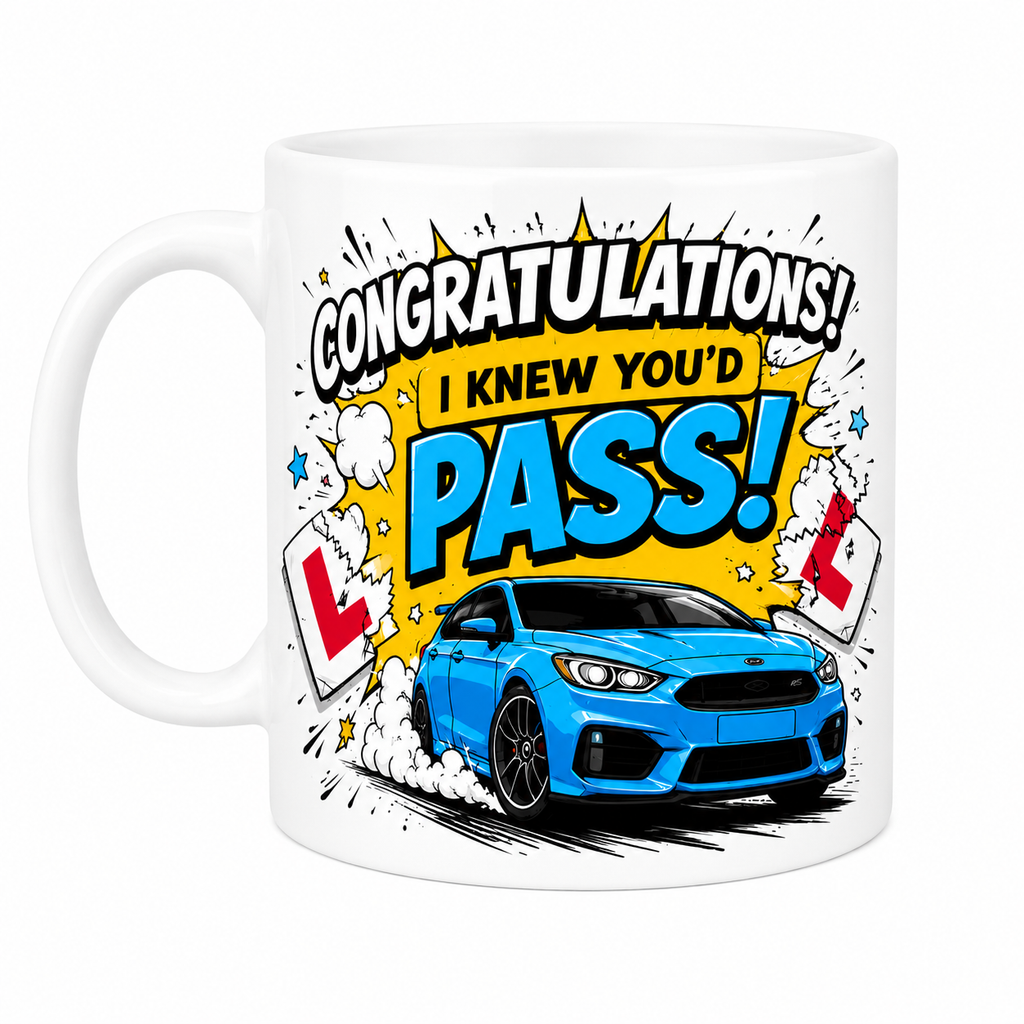 Personalised Driving Test Pass Mug – Blue Sports Car Design – Congratulations New Driver Gift – Funny Learner Driver Cup, Him, Son, Brother 11oz