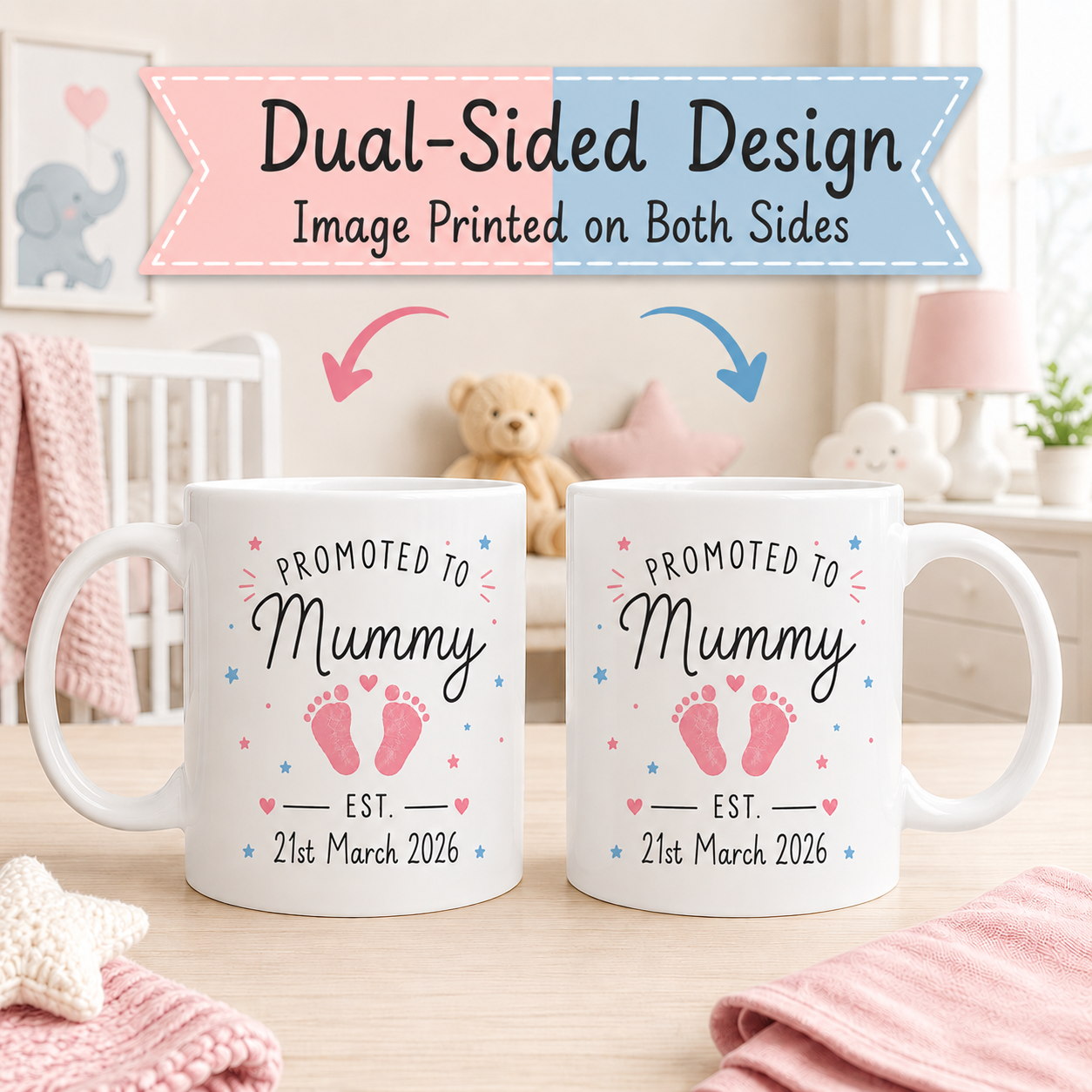 Personalised Mummy & Daddy Mug Set – Custom Baby Date & Footprint Colour 11oz