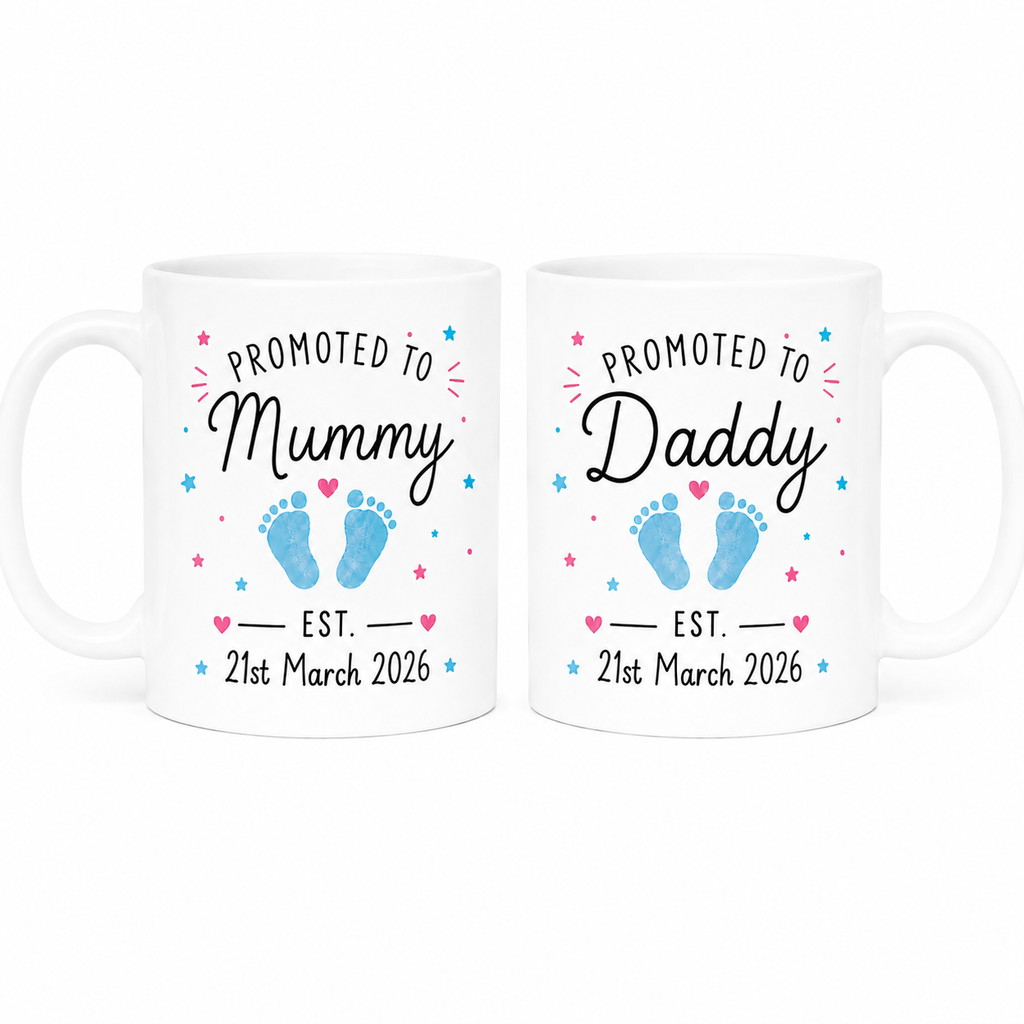 Personalised Mummy & Daddy Mug Set – Custom Baby Date & Footprint Colour 11oz
