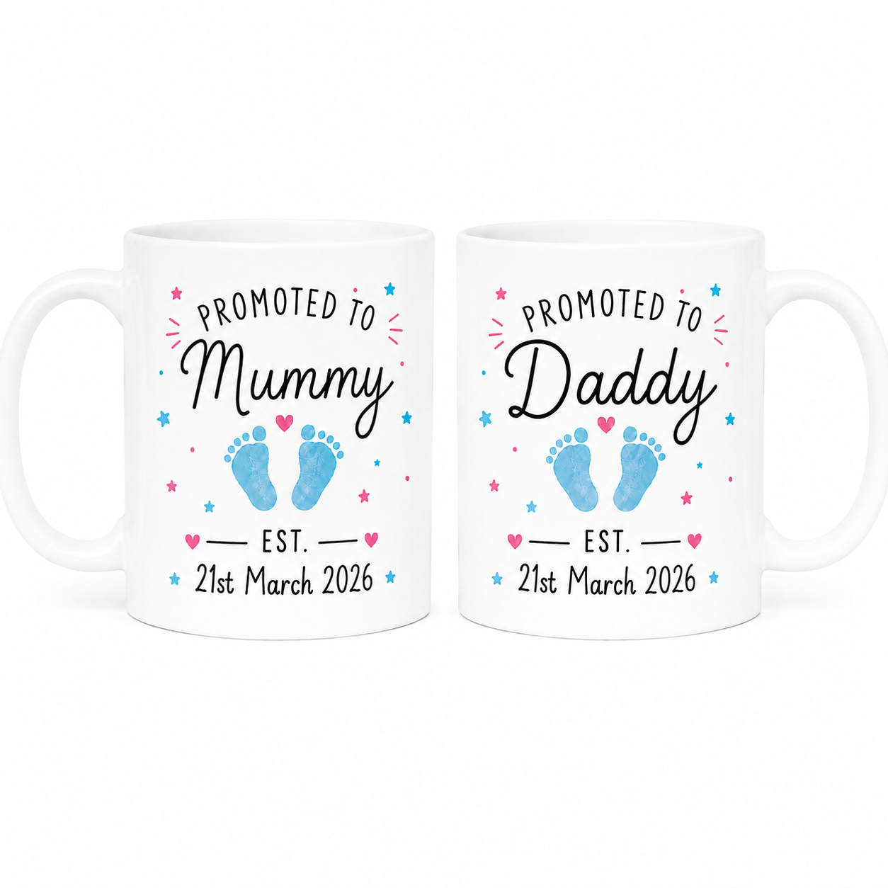 Personalised Mummy & Daddy Mug Set – Custom Baby Date & Footprint Colour 11oz