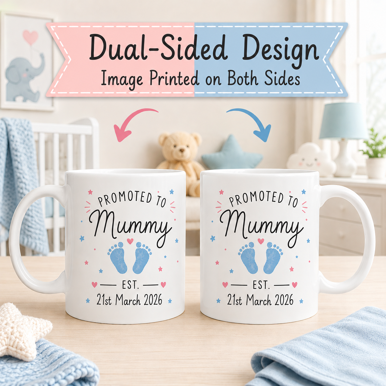 Personalised Mummy & Daddy Mug Set – Custom Baby Date & Footprint Colour 11oz