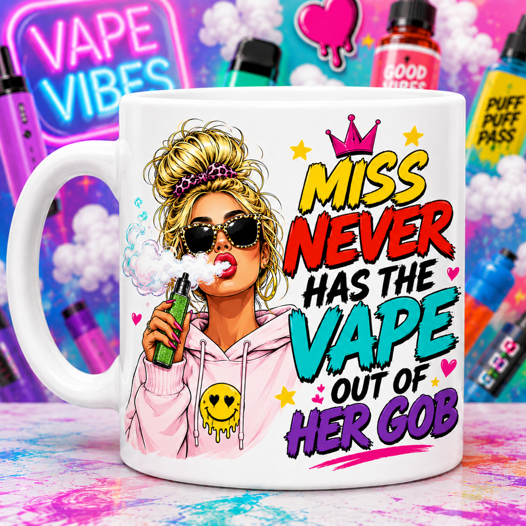 Personalised Miss Never Has The Vape Out Of Her Gob Mug – Funny Vape Girl Mug – Brown or Blonde Hair Option – Novelty Gift for Vapers – Funny Coffee Cup 11oz