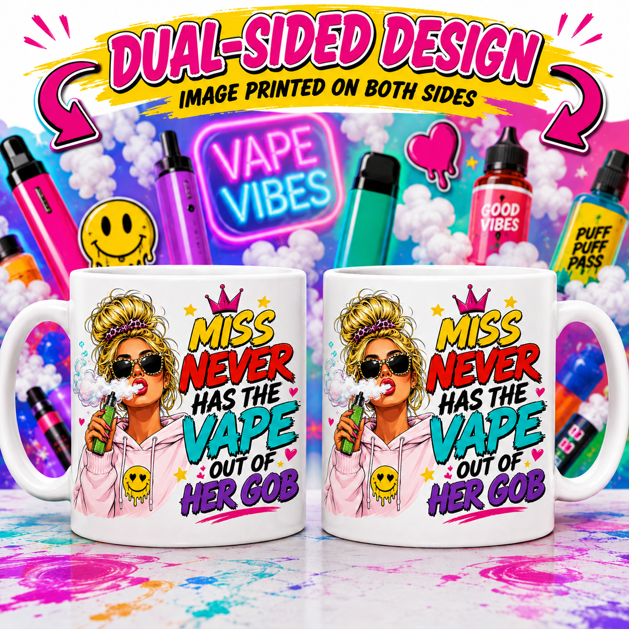 Personalised Miss Never Has The Vape Out Of Her Gob Mug – Funny Vape Girl Mug – Brown or Blonde Hair Option – Novelty Gift for Vapers – Funny Coffee Cup 11oz