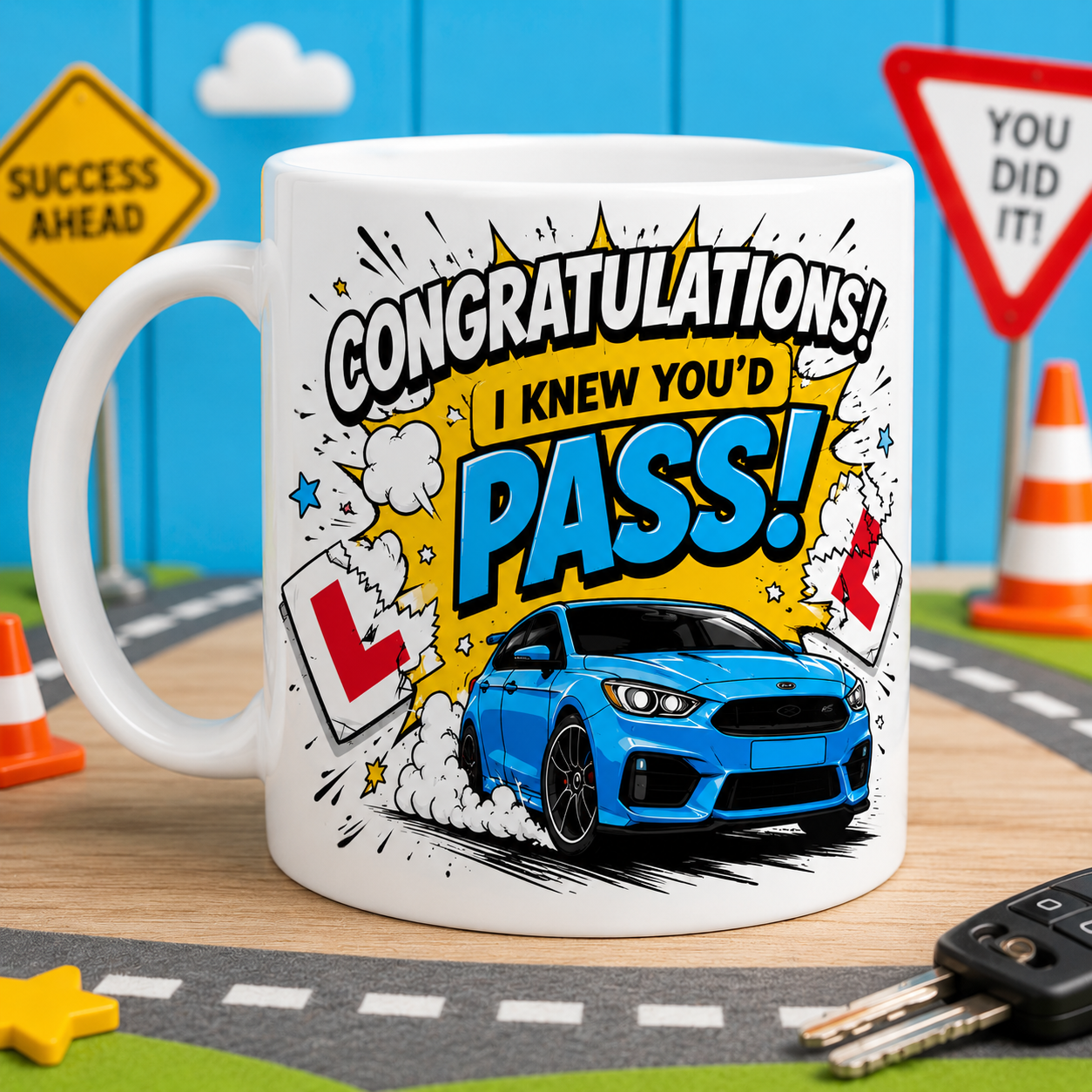 Personalised Driving Test Pass Mug – Blue Sports Car Design – Congratulations New Driver Gift – Funny Learner Driver Cup, Him, Son, Brother 11oz