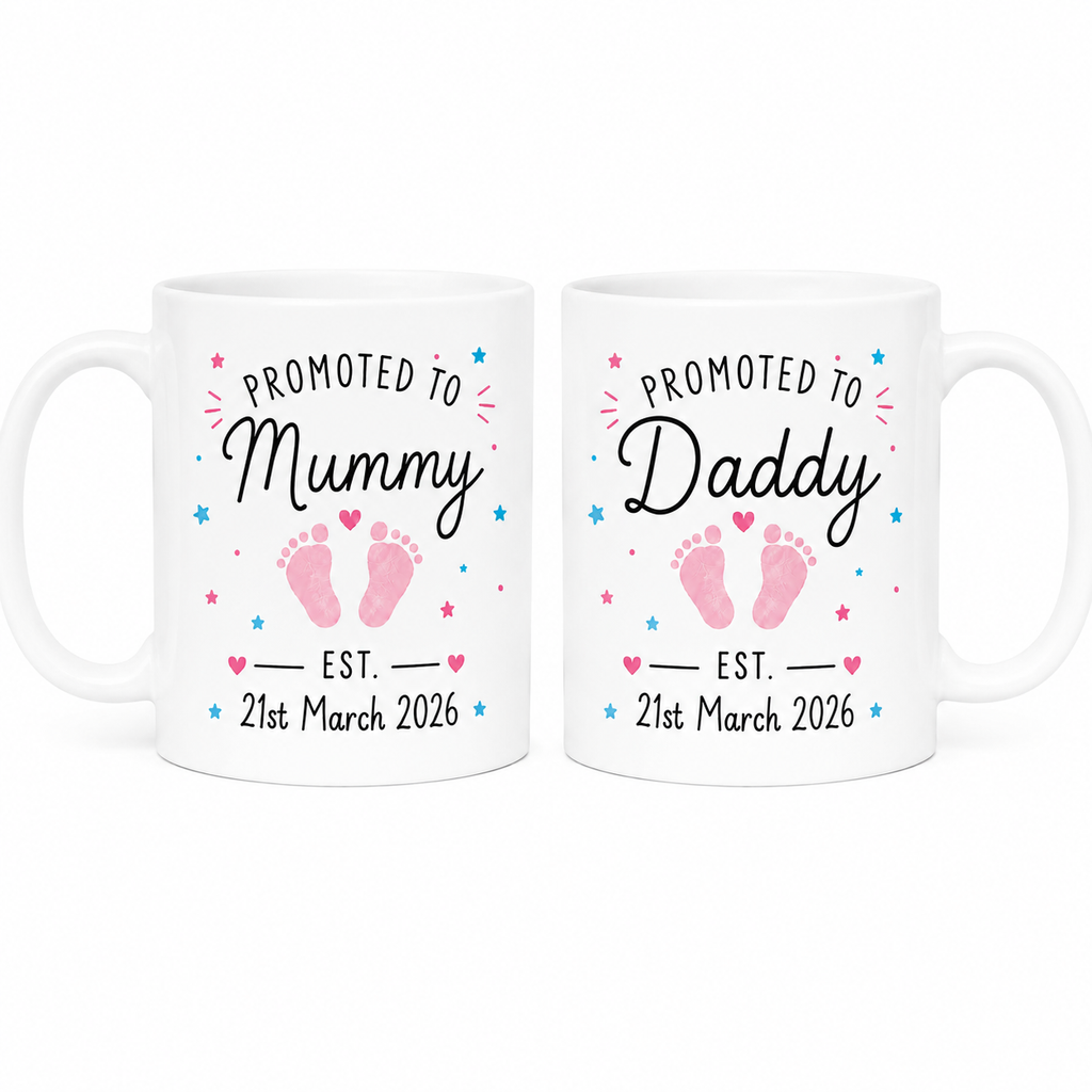 Personalised Mummy & Daddy Mug Set – Custom Baby Date & Footprint Colour 11oz