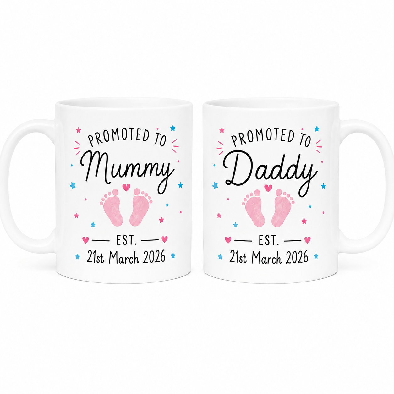 Personalised Mummy & Daddy Mug Set – Custom Baby Date & Footprint Colour 11oz