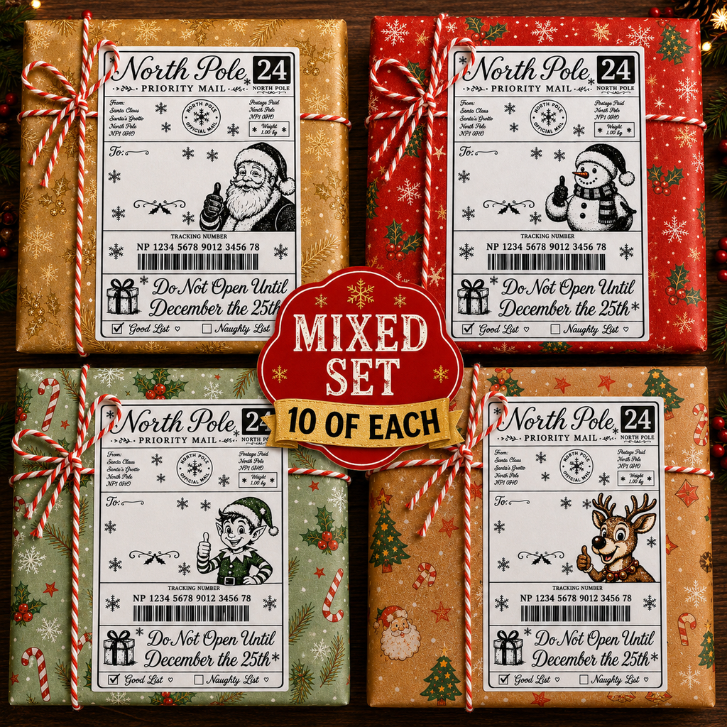 Personalised North Pole Christmas Present Labels – Pack of 40, Write Your Own Name, 4 Different Designs to Choose from.