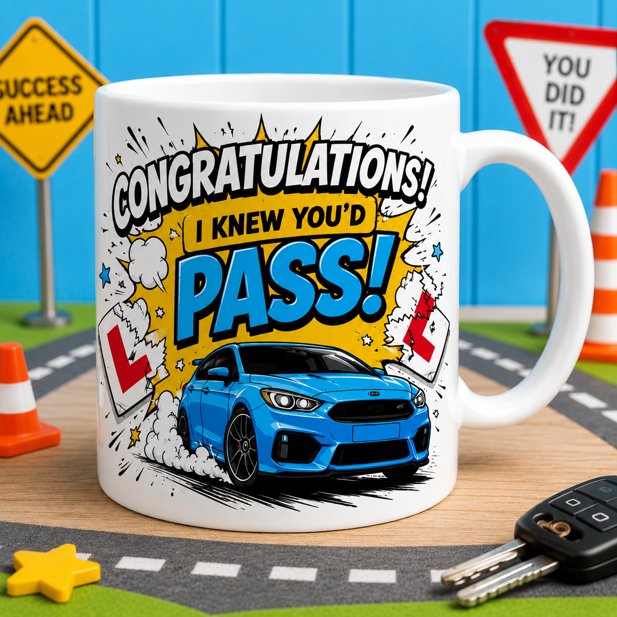 Personalised Driving Test Pass Mug – Blue Sports Car Design – Congratulations New Driver Gift – Funny Learner Driver Cup, Him, Son, Brother 11oz