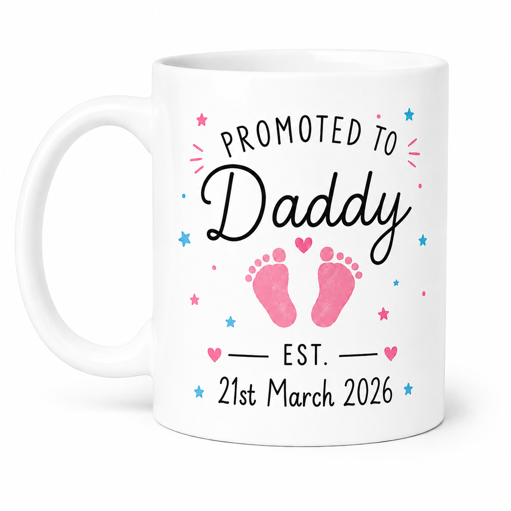Personalised Mummy & Daddy Mug Set – Custom Baby Date & Footprint Colour 11oz