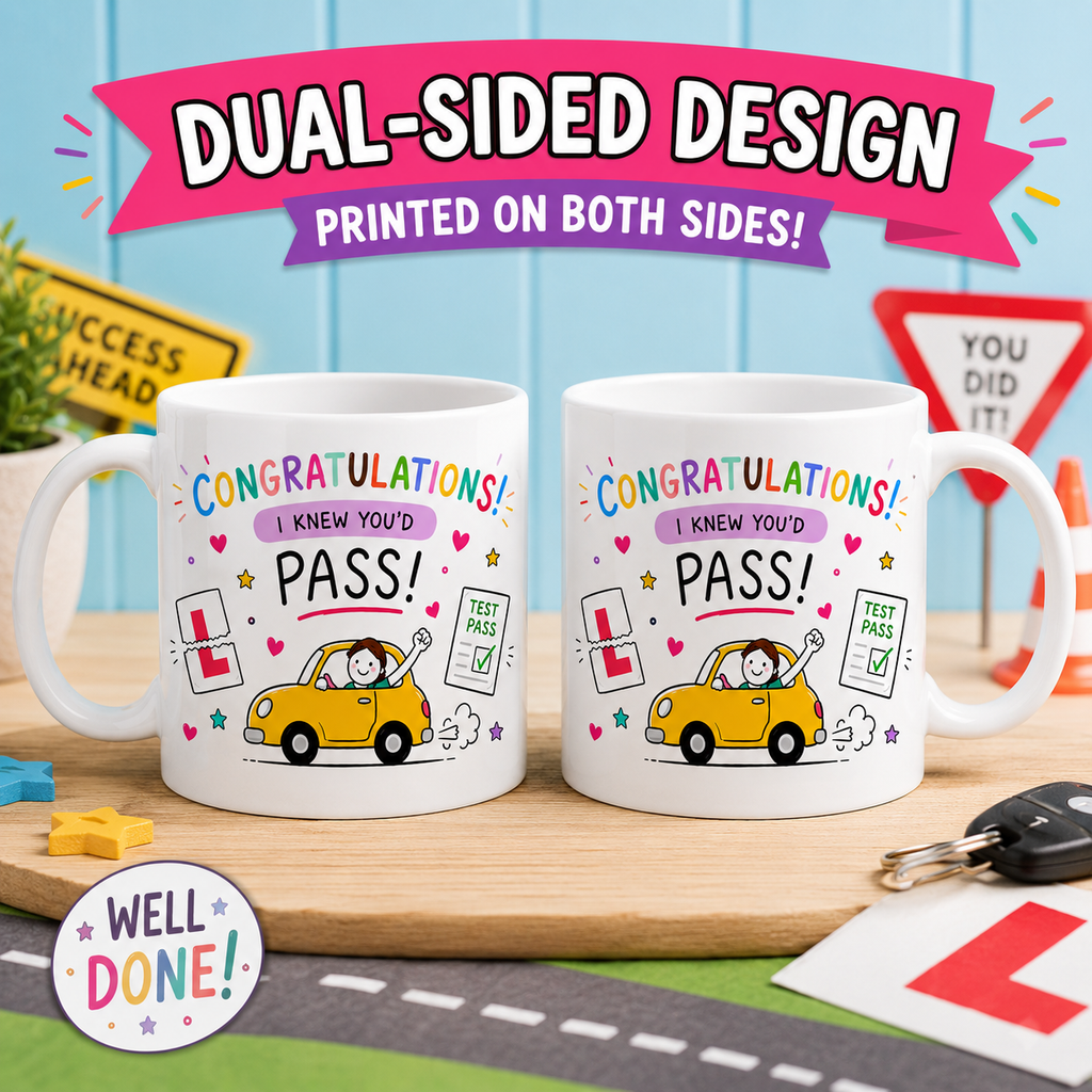 Personalised Driving Test Pass Mug – Cute Yellow Car Design – Congratulations New Driver Gift – Fun Learner Passing Present 11oz, Her, Sister, Daughter