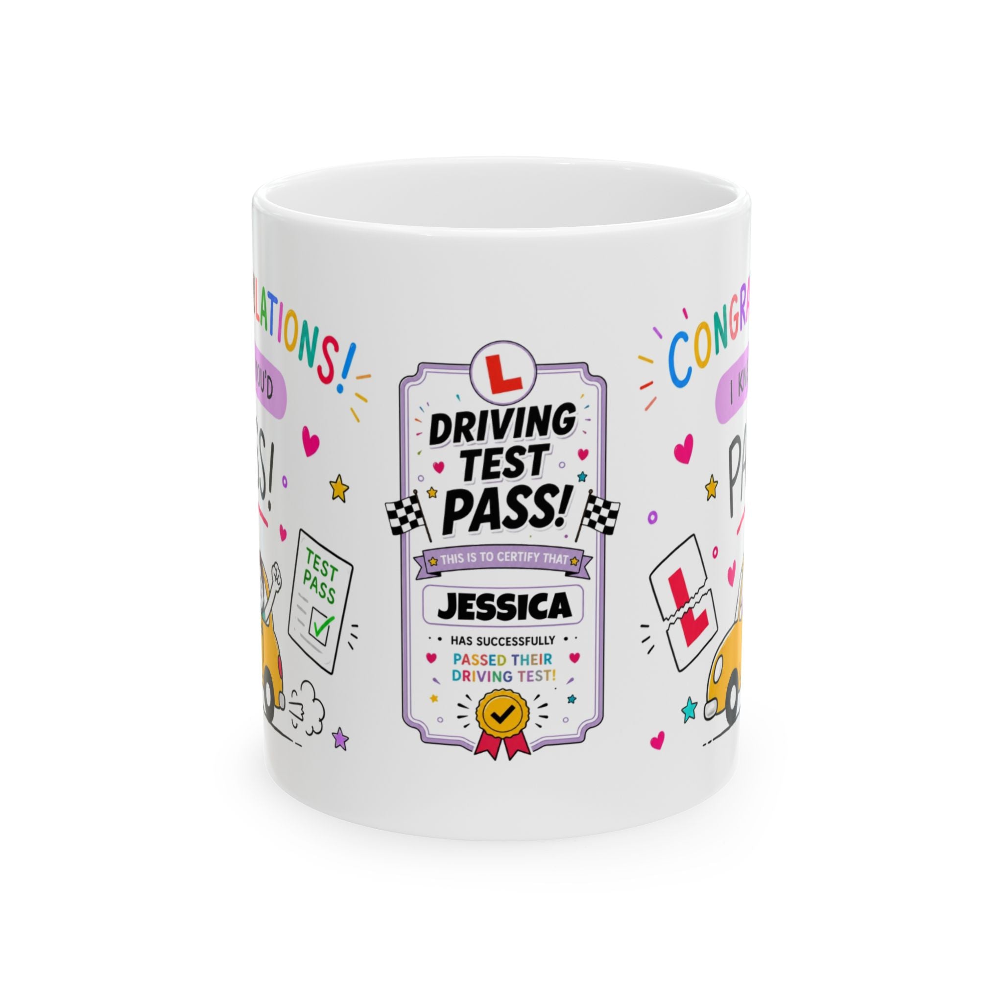 Personalised Driving Test Pass Mug – Cute Yellow Car Design – Congratulations New Driver Gift – Fun Learner Passing Present 11oz, Her, Sister, Daughter