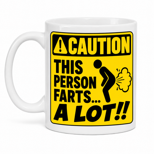 Caution This Person Farts A Lot Funny Mug | Novelty Gag Gift Coffee Cup | Humorous Warning Sign Mug | Funny Birthday Present 11oz