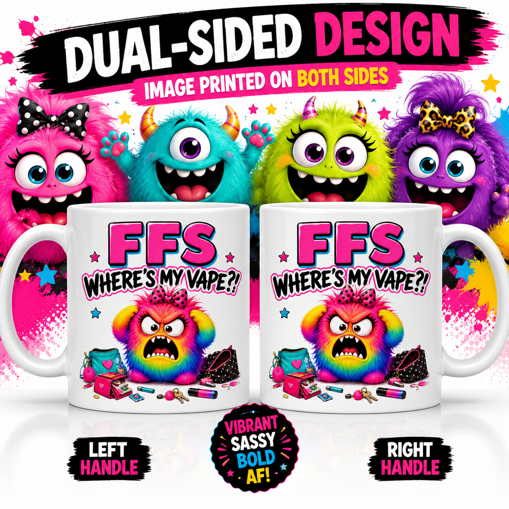 FFS Where's My Vape? Mug – Funny Vape Lover Coffee Mug – Colourful Monster Design – Novelty Gift for Her – Tea & Coffee Cup 11oz