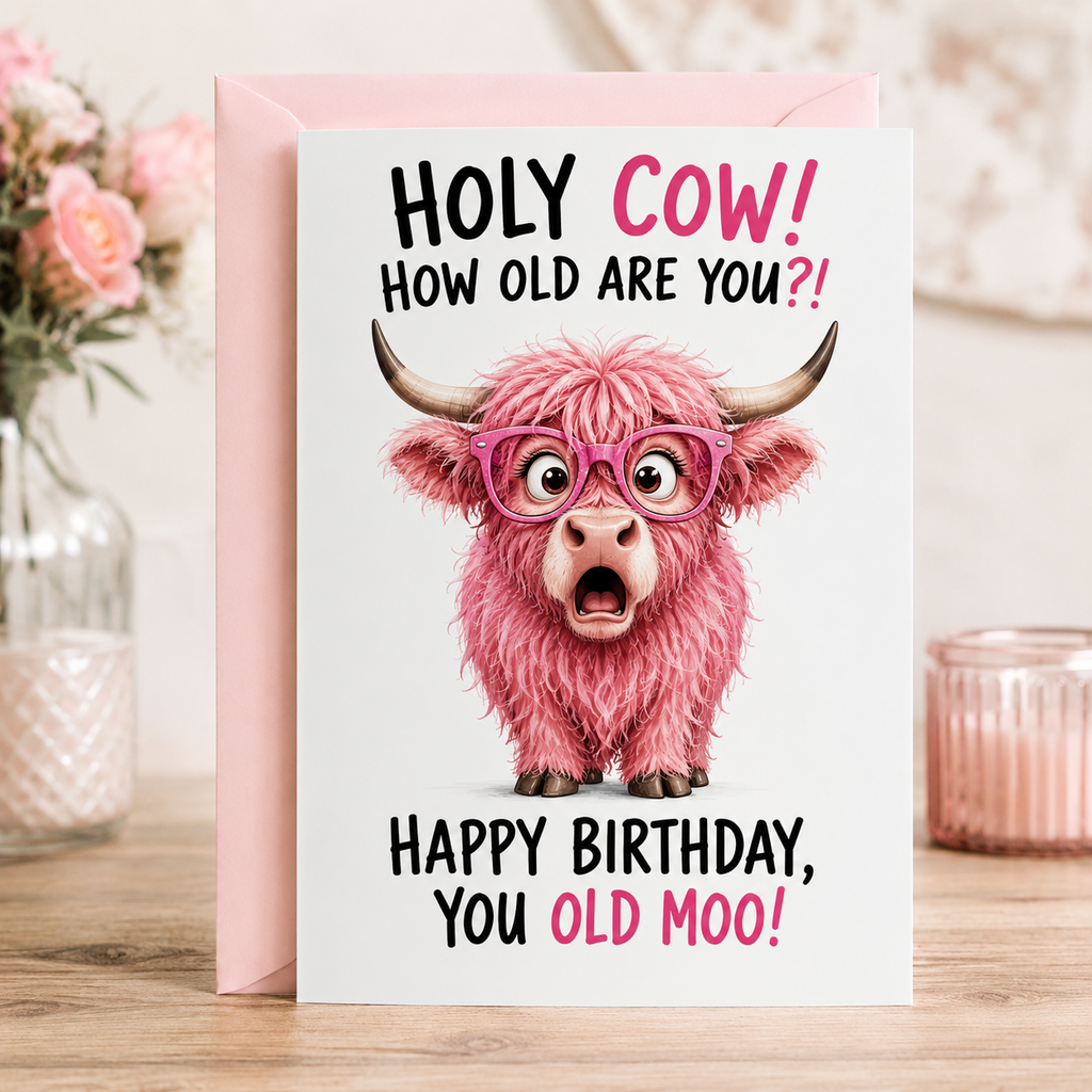 Funny Highland Cow Birthday Card – A5 Glossy Card, Blank Inside, Pink Envelope – “Holy Cow! How Old Are You?!”