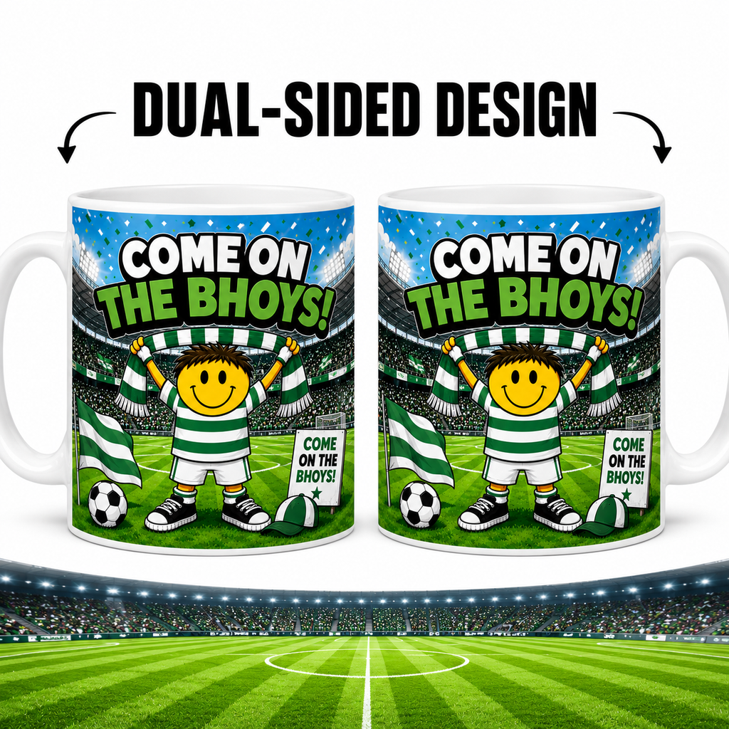 Come On The Bhoys Football Fan Mug – Funny Green & White Cartoon Supporter Mug – Stadium Football Coffee Cup – Celtic Inspired Gift 11oz