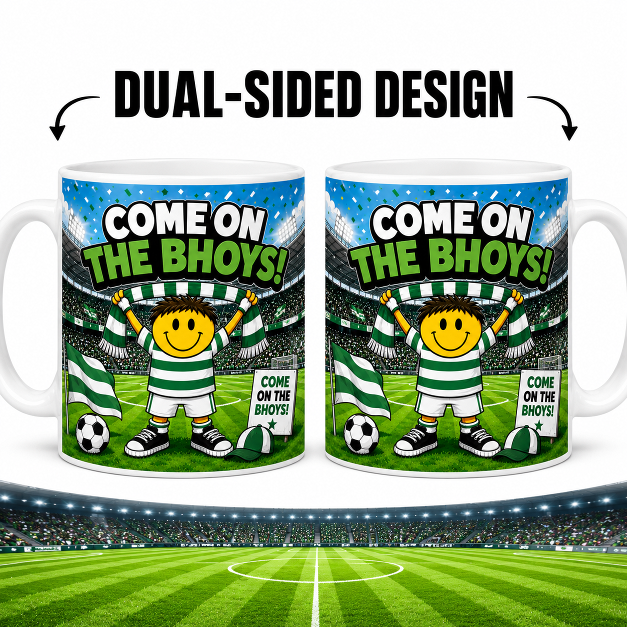 Come On The Bhoys Football Fan Mug – Funny Green & White Cartoon Supporter Mug – Stadium Football Coffee Cup – Celtic Inspired Gift 11oz
