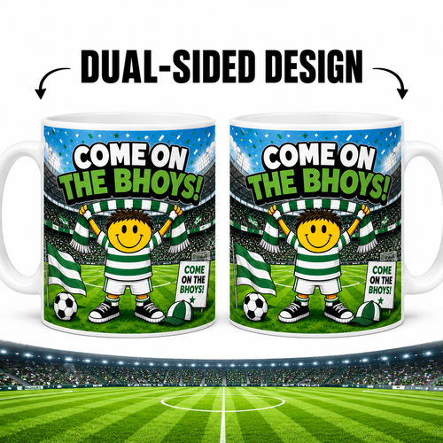 Come On The Bhoys Football Fan Mug – Funny Green & White Cartoon Supporter Mug – Stadium Football Coffee Cup – Celtic Inspired Gift 11oz