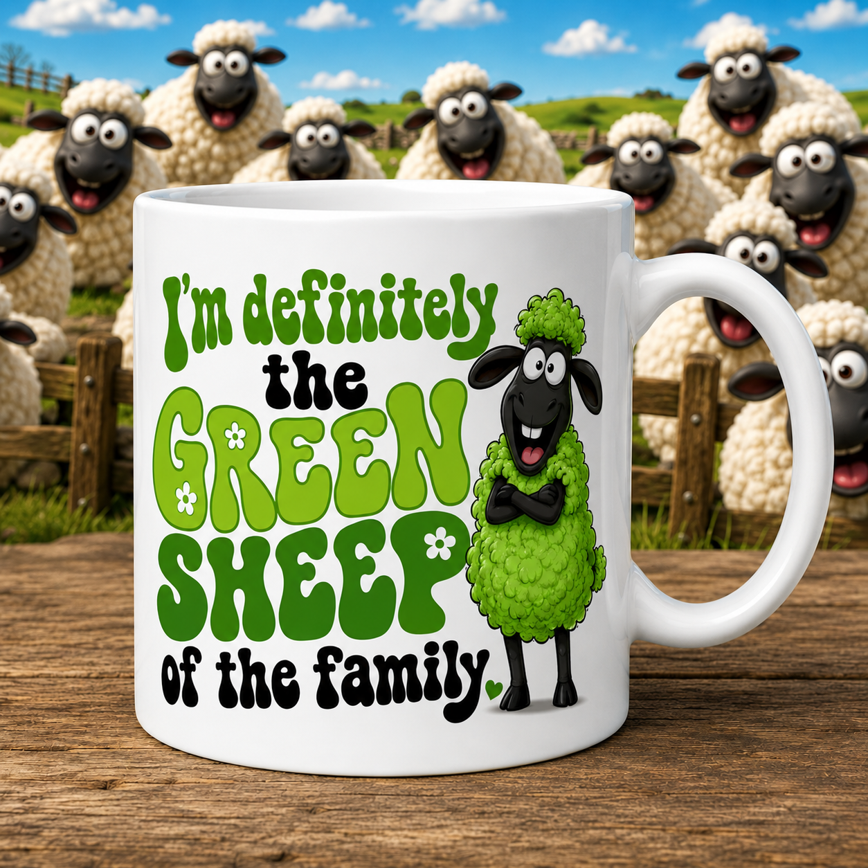 Personalised I’m Definitely The Green Sheep Of The Family Mug – Funny Sheep Coffee Cup – Funky Retro Green Animal Mug – Novelty Gift Idea, 11oz