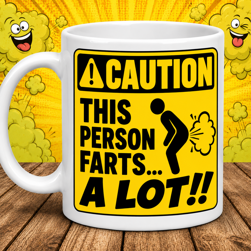 Caution This Person Farts A Lot Funny Mug | Novelty Gag Gift Coffee Cup | Humorous Warning Sign Mug | Funny Birthday Present 11oz