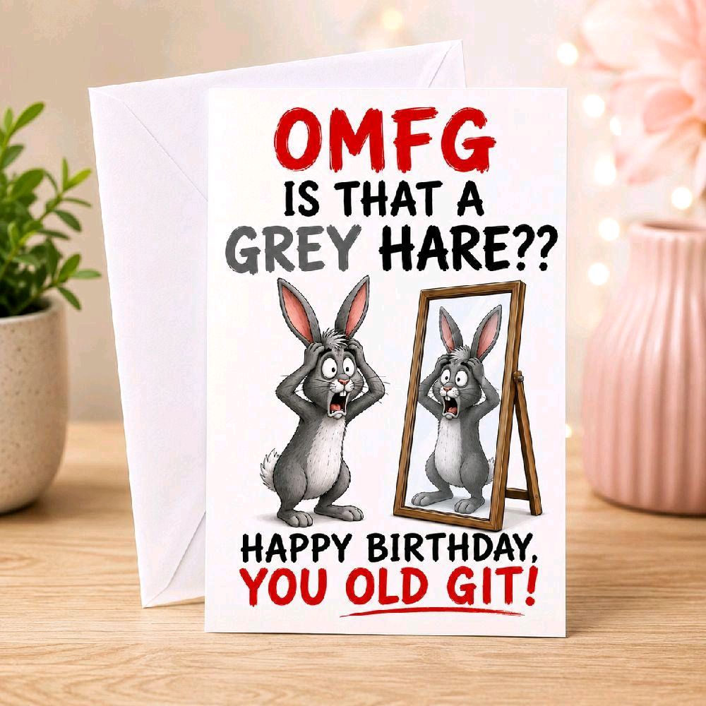 Funny Rude Birthday Card for Him or Her – OMG Is That a Grey Hare? Old Git Joke – A5 300gsm Premium Glossy Card, Blank Inside, White Envelope Included, Made in UK