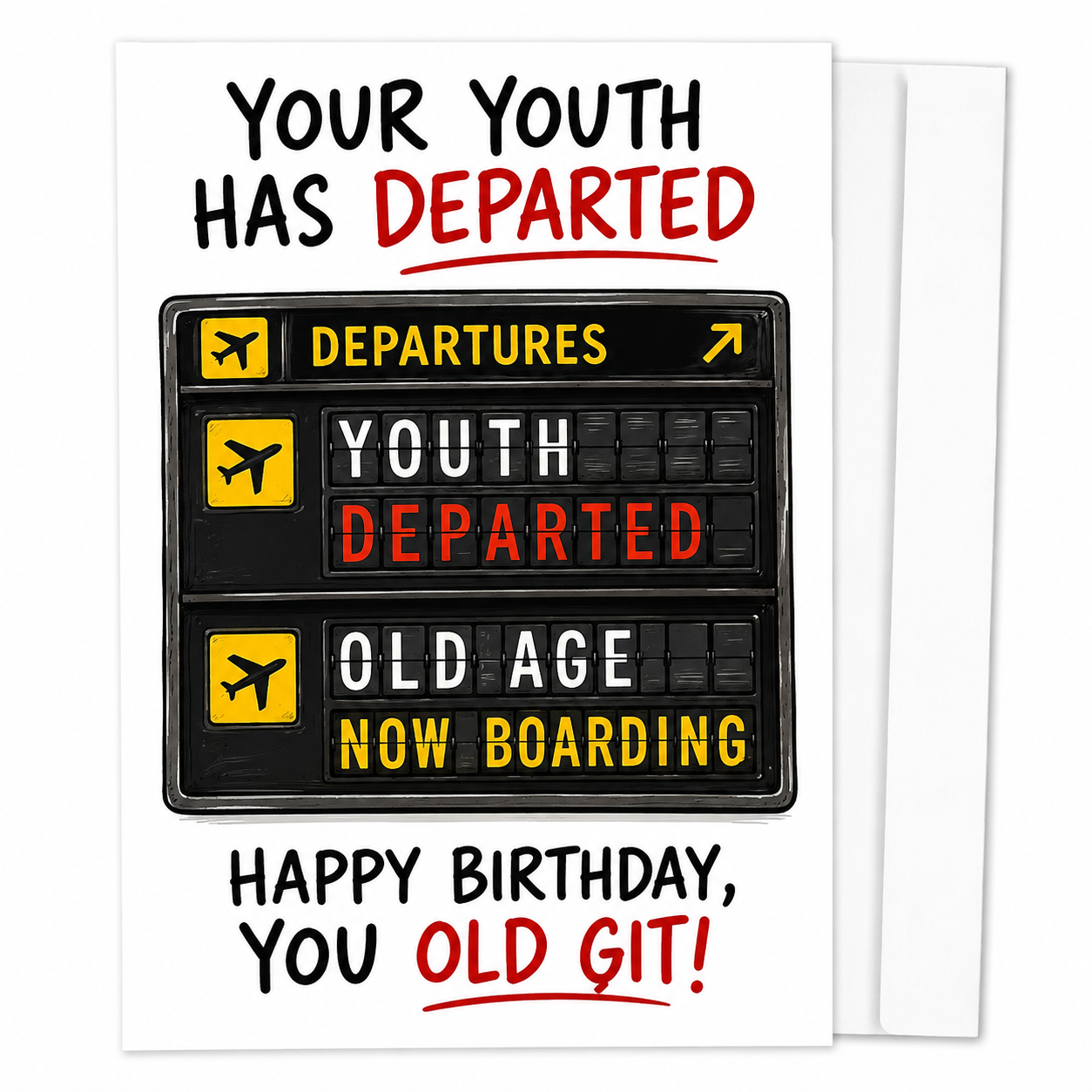 Funny Birthday Card for Him – Your Youth Has Departed Airport Joke – A5 300gsm Premium Matte Card, Blank Inside, White Peel & Seal Envelope
