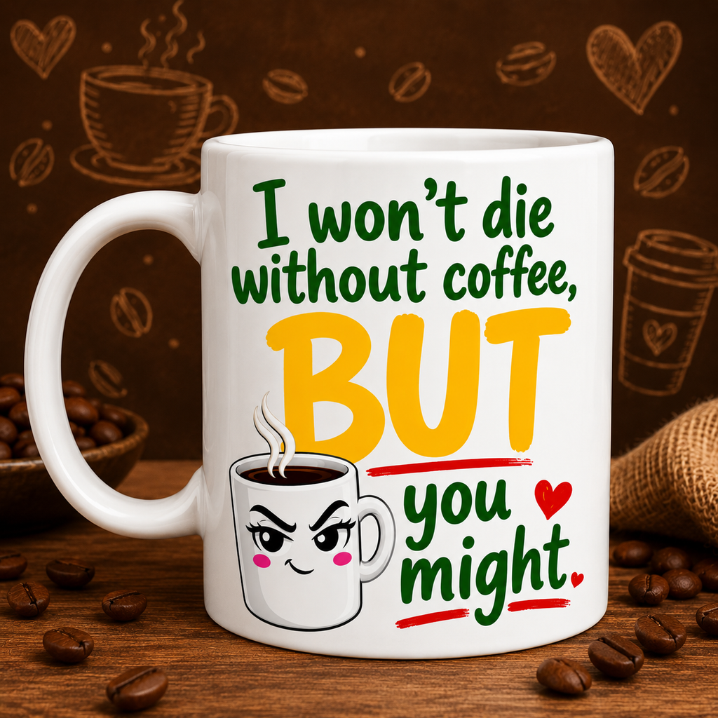Funny Coffee Mug – I Won’t Die Without Coffee BUT You Might – Novelty Coffee Lover Mug Gift 11oz