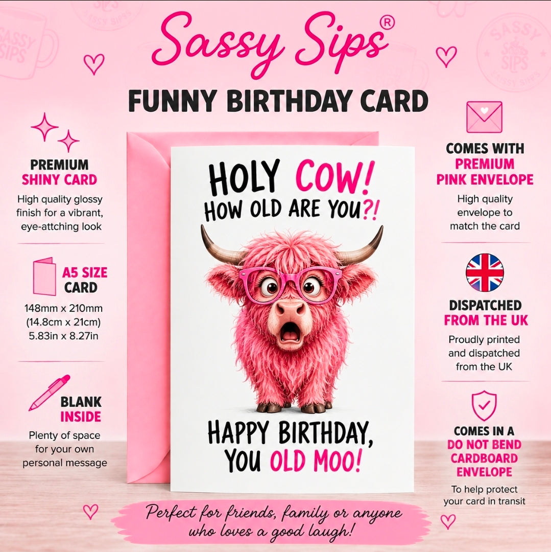 Funny Highland Cow Birthday Card – A5 Glossy Card, Blank Inside, Pink Envelope – “Holy Cow! How Old Are You?!”