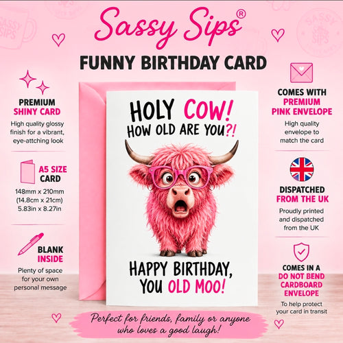Funny Highland Cow Birthday Card – A5 Glossy Card, Blank Inside, Pink Envelope – “Holy Cow! How Old Are You?!”