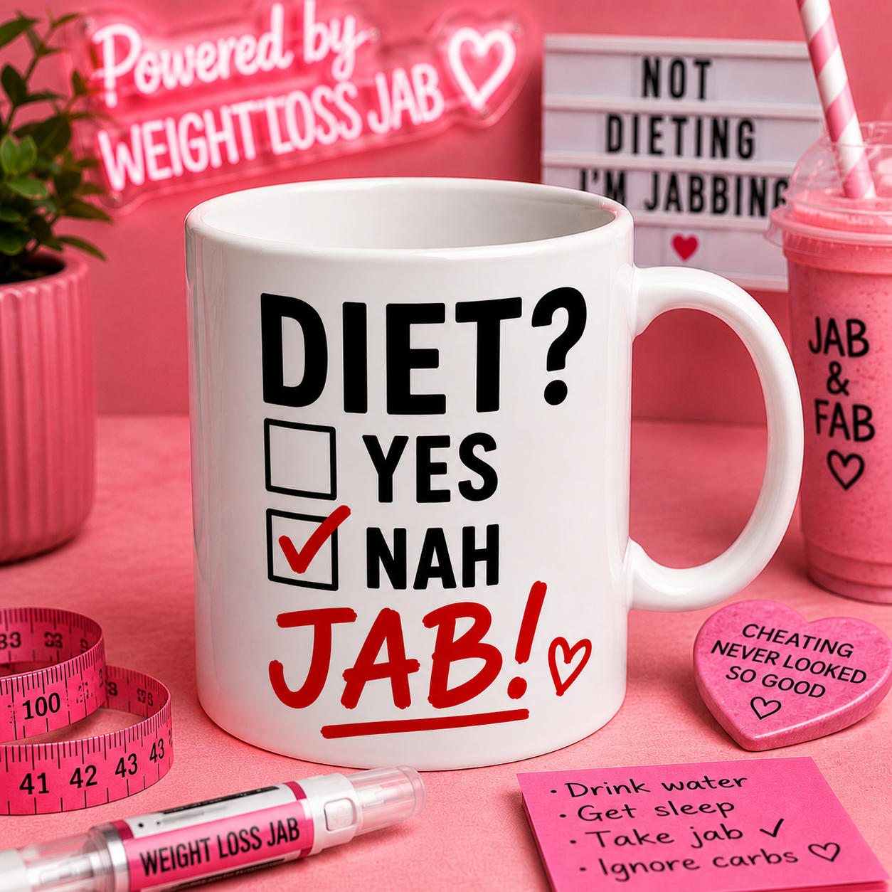 Funny Weight Loss Jab Mug – DIET? NAH… JAB! Novelty Slimming Humour Coffee Cup – Funny Gift Mug for Friends & Coworkers 11oz