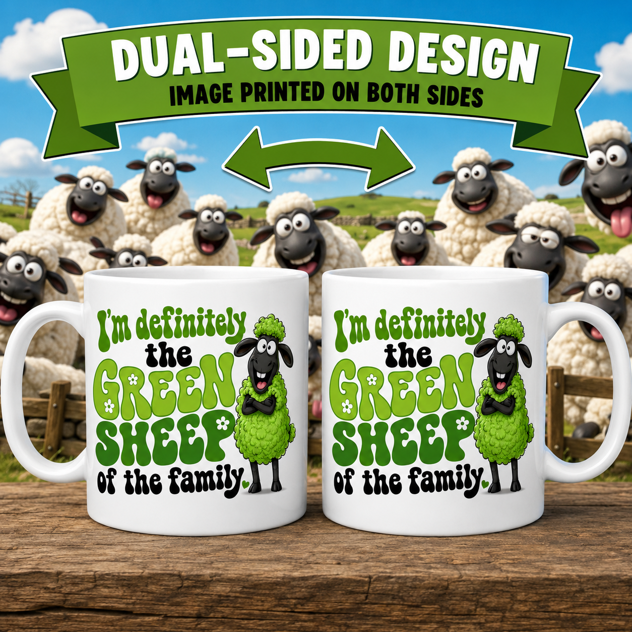 Personalised I’m Definitely The Green Sheep Of The Family Mug – Funny Sheep Coffee Cup – Funky Retro Green Animal Mug – Novelty Gift Idea, 11oz
