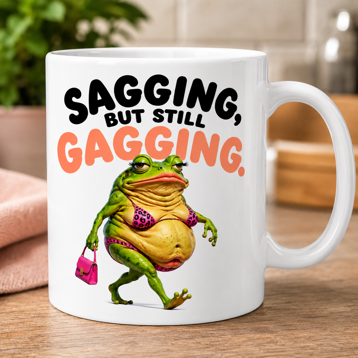 Funny Sagging But Still Gagging Joke Mug, Sagging Frog Character, 11oz Ceramic Coffee Cup Drinkware