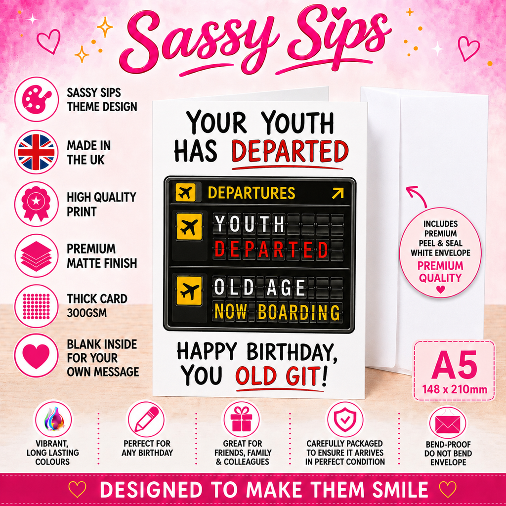 Funny Birthday Card for Him – Your Youth Has Departed Airport Joke – A5 300gsm Premium Matte Card, Blank Inside, White Peel & Seal Envelope