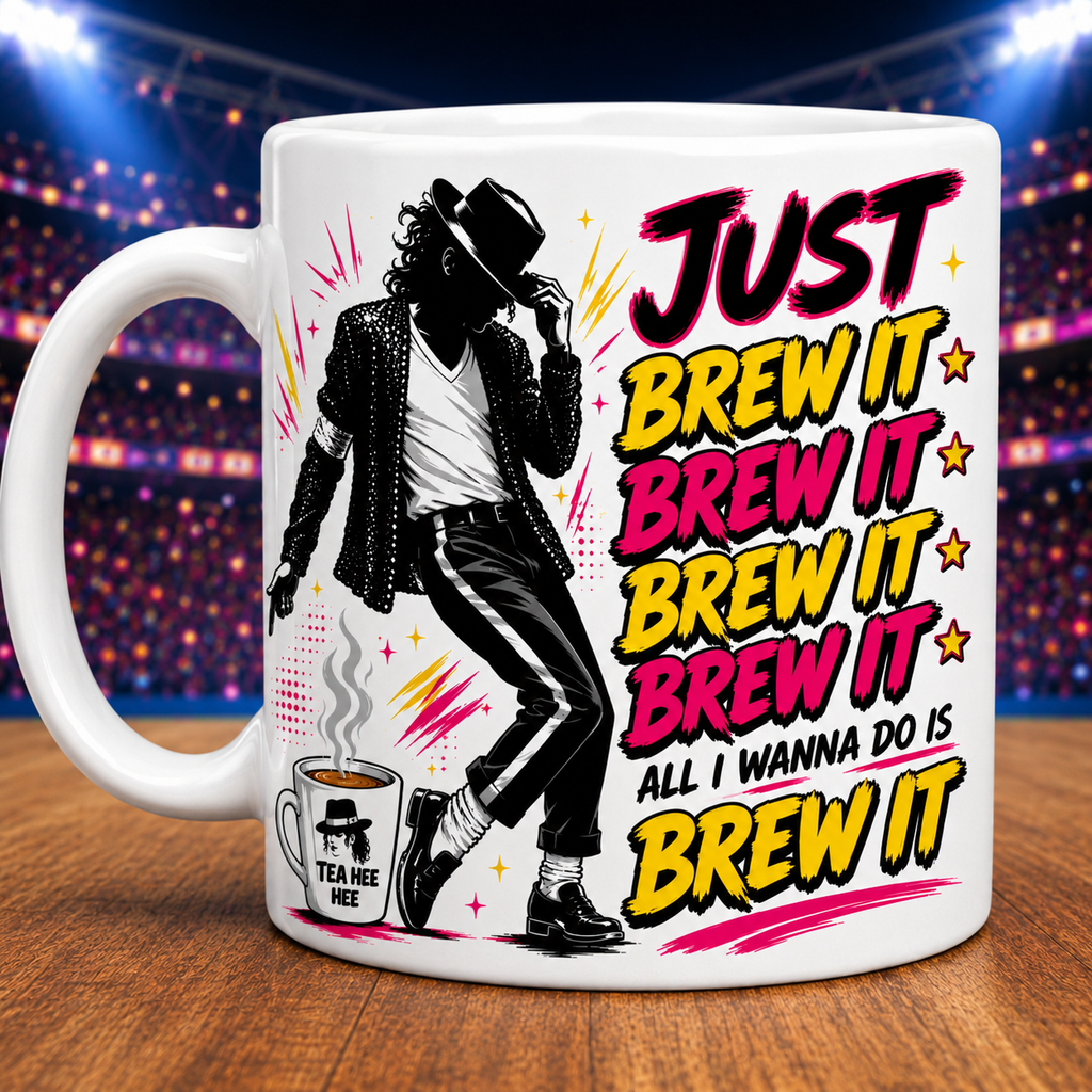 Funny MJ Just Brew It Mug – Funny Tea Lover Gift – Music Inspired Coffee Cup – Tea Hee Hee Mug – Novelty Ceramic Mug