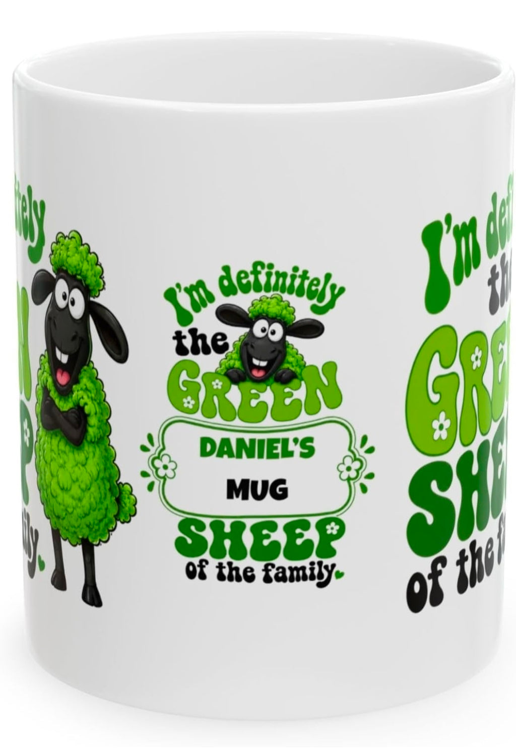 Personalised I’m Definitely The Green Sheep Of The Family Mug – Funny Sheep Coffee Cup – Funky Retro Green Animal Mug – Novelty Gift Idea, 11oz
