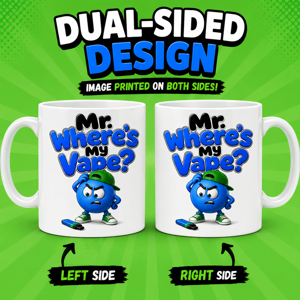 Personalised Funny Mr Where's My Vape Mug, Blue Character, 11oz Ceramic Coffee Cup