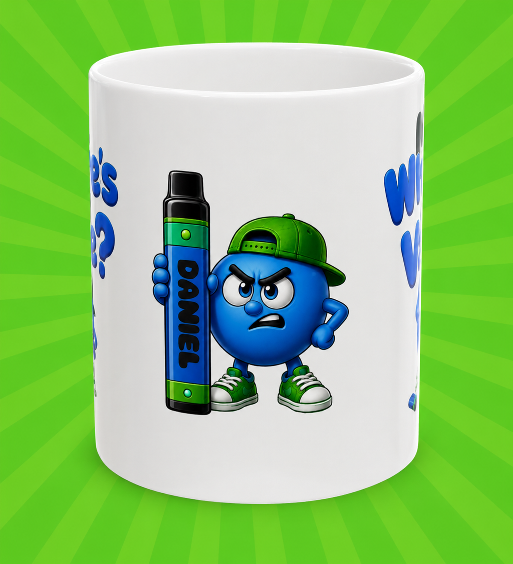 Personalised Funny Mr Where's My Vape Mug, Blue Character, 11oz Ceramic Coffee Cup