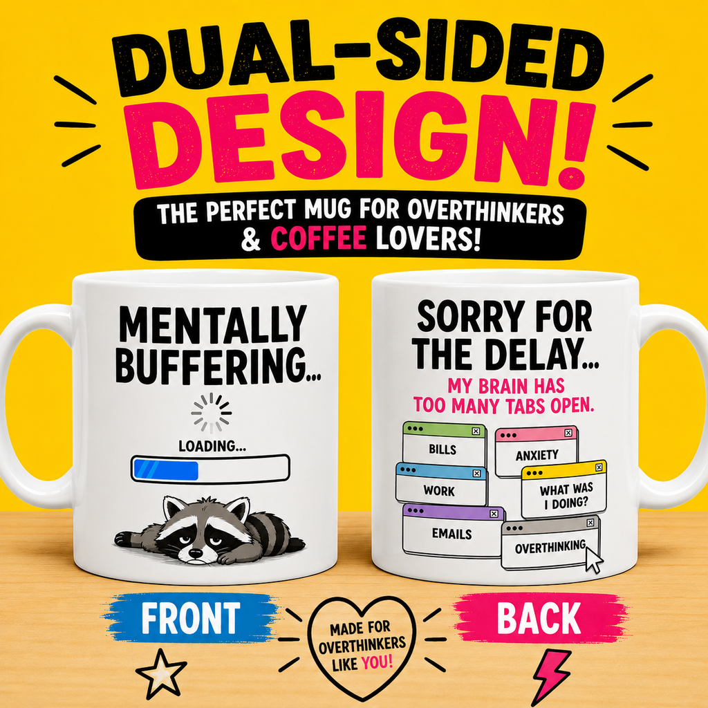 Funny Overthinking Mug – Mentally Buffering & Too Many Tabs Open Dual-Sided Ceramic Coffee Cup – Humorous Work Office Gift for Coworkers, Anxiety, ADHD, Busy Adults, Coffee 11oz