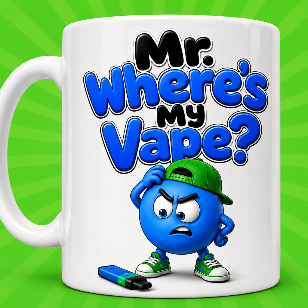 Personalised Funny Mr Where's My Vape Mug, Blue Character, 11oz Ceramic Coffee Cup
