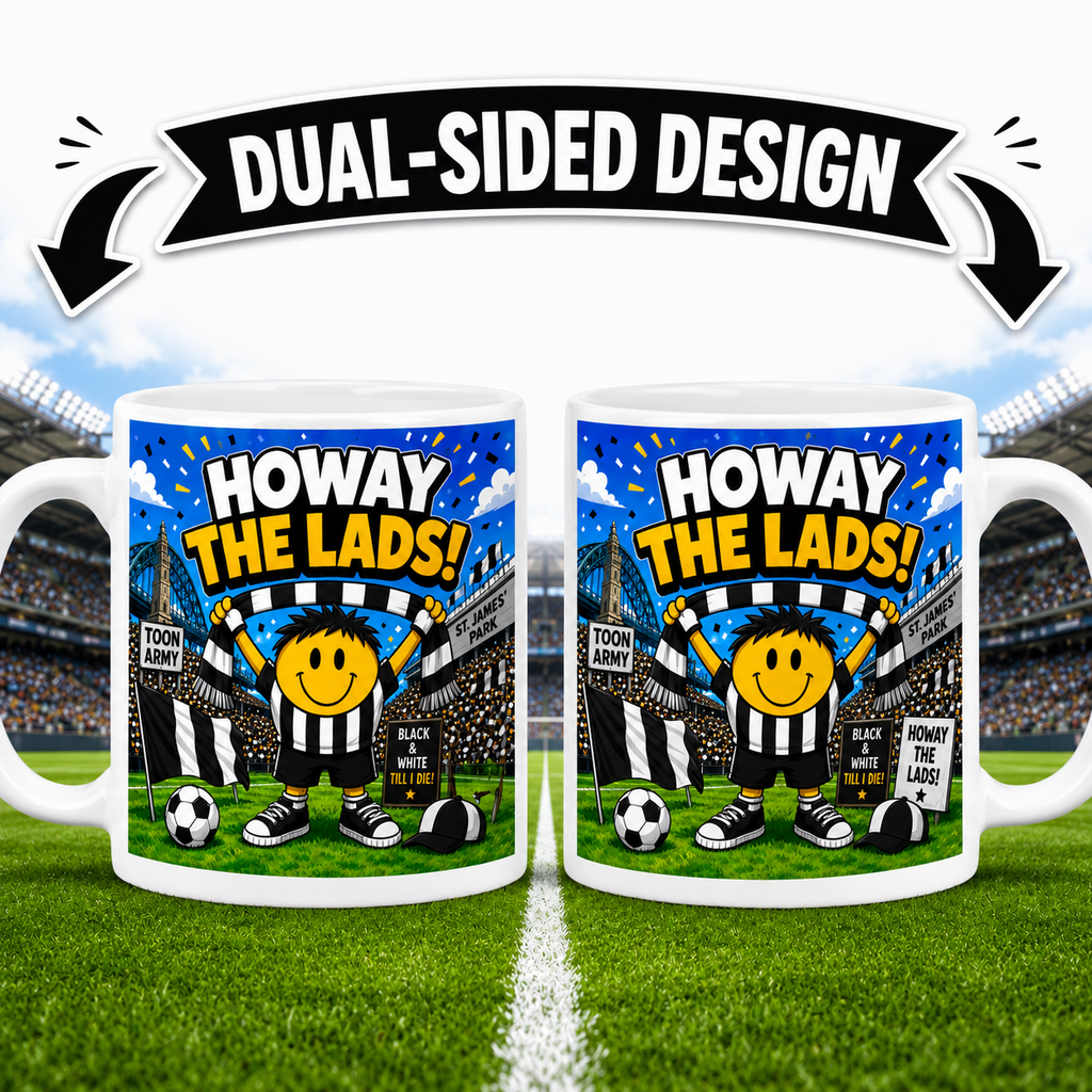 Howay The Lads Football Fan Mug – Funny Toon Army Style Cartoon Mug – Black & White Football Supporter Gift – Stadium Coffee Cup 11oz