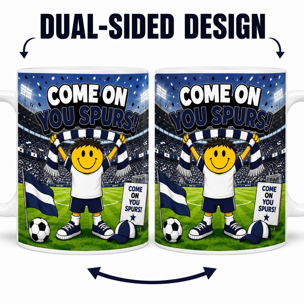 Come On You Spurs Football Fan Mug – Funny Cartoon Football Supporter Mug – Blue & White Stadium Coffee Cup – Football Gift for Fans 11oz