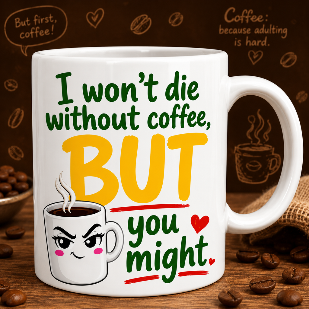 Funny Coffee Mug – I Won’t Die Without Coffee BUT You Might – Novelty Coffee Lover Mug Gift 11oz