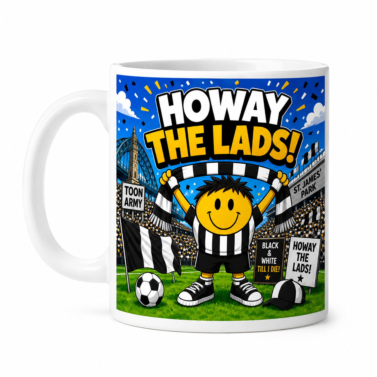 Howay The Lads Football Fan Mug – Funny Toon Army Style Cartoon Mug – Black & White Football Supporter Gift – Stadium Coffee Cup 11oz