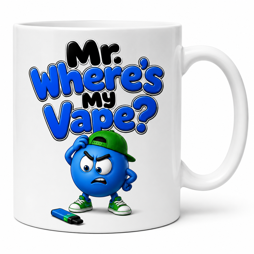 Personalised Funny Mr Where's My Vape Mug, Blue Character, 11oz Ceramic Coffee Cup