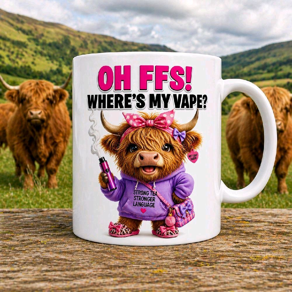 Funny FFS Where's My Vape Featuring a Cute Highland Cow Design 11oz