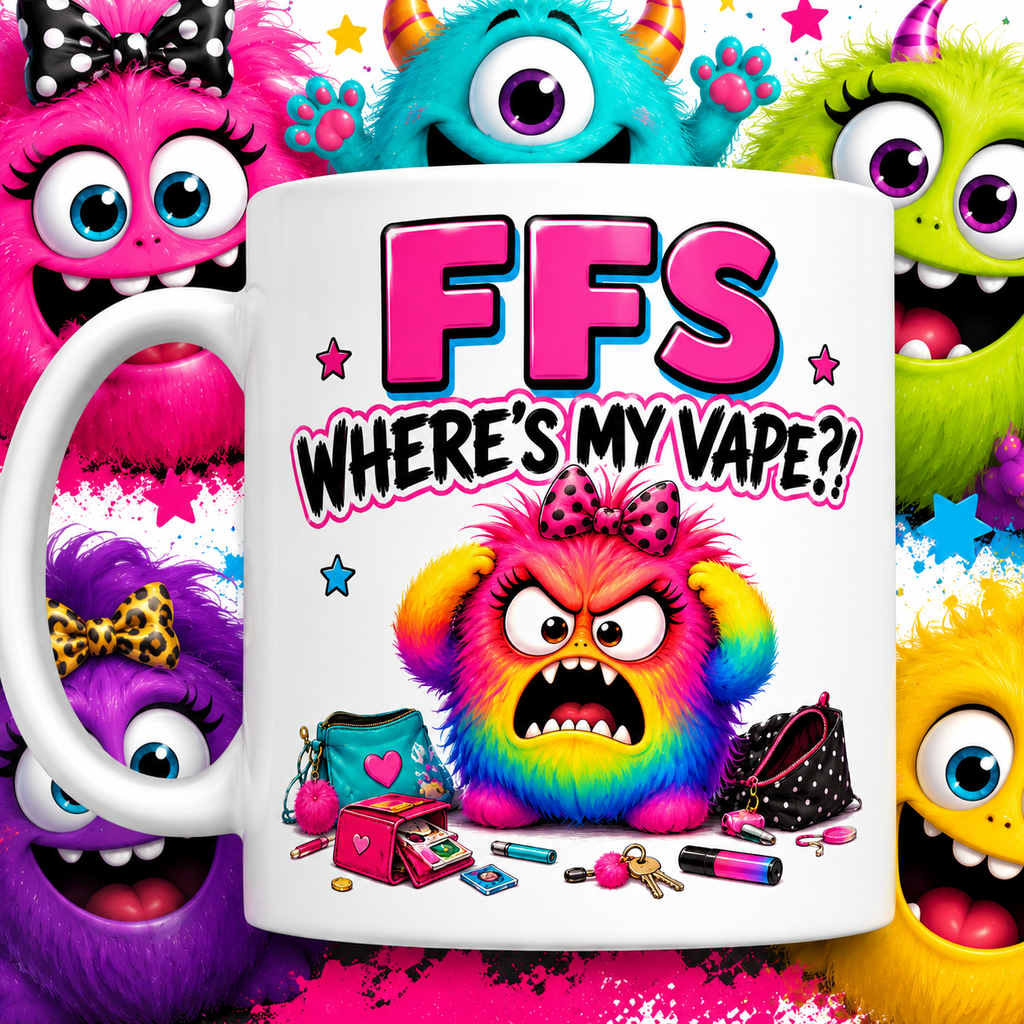FFS Where's My Vape? Mug – Funny Vape Lover Coffee Mug – Colourful Monster Design – Novelty Gift for Her – Tea & Coffee Cup 11oz