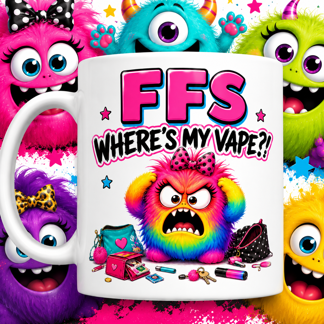 FFS Where's My Vape? Mug – Funny Vape Lover Coffee Mug – Colourful Monster Design – Novelty Gift for Her – Tea & Coffee Cup 11oz