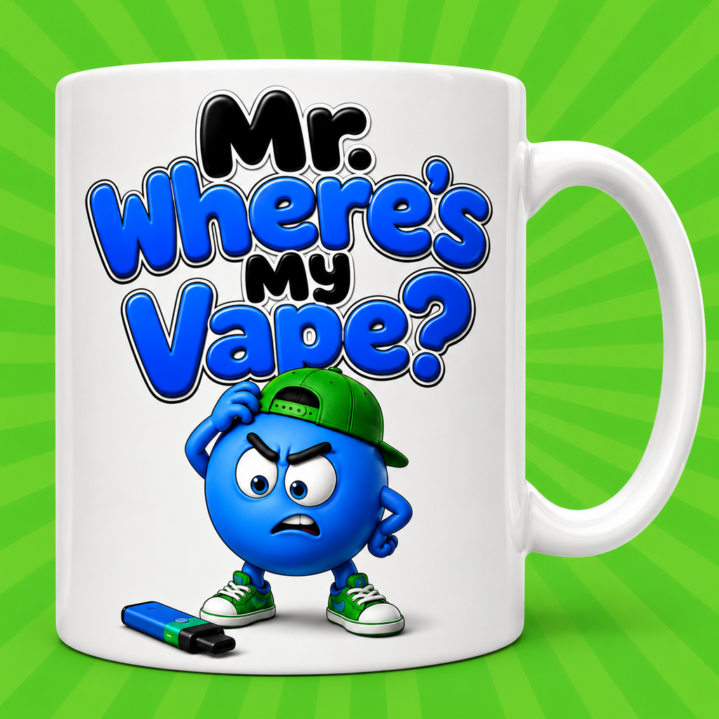Personalised Funny Mr Where's My Vape Mug, Blue Character, 11oz Ceramic Coffee Cup