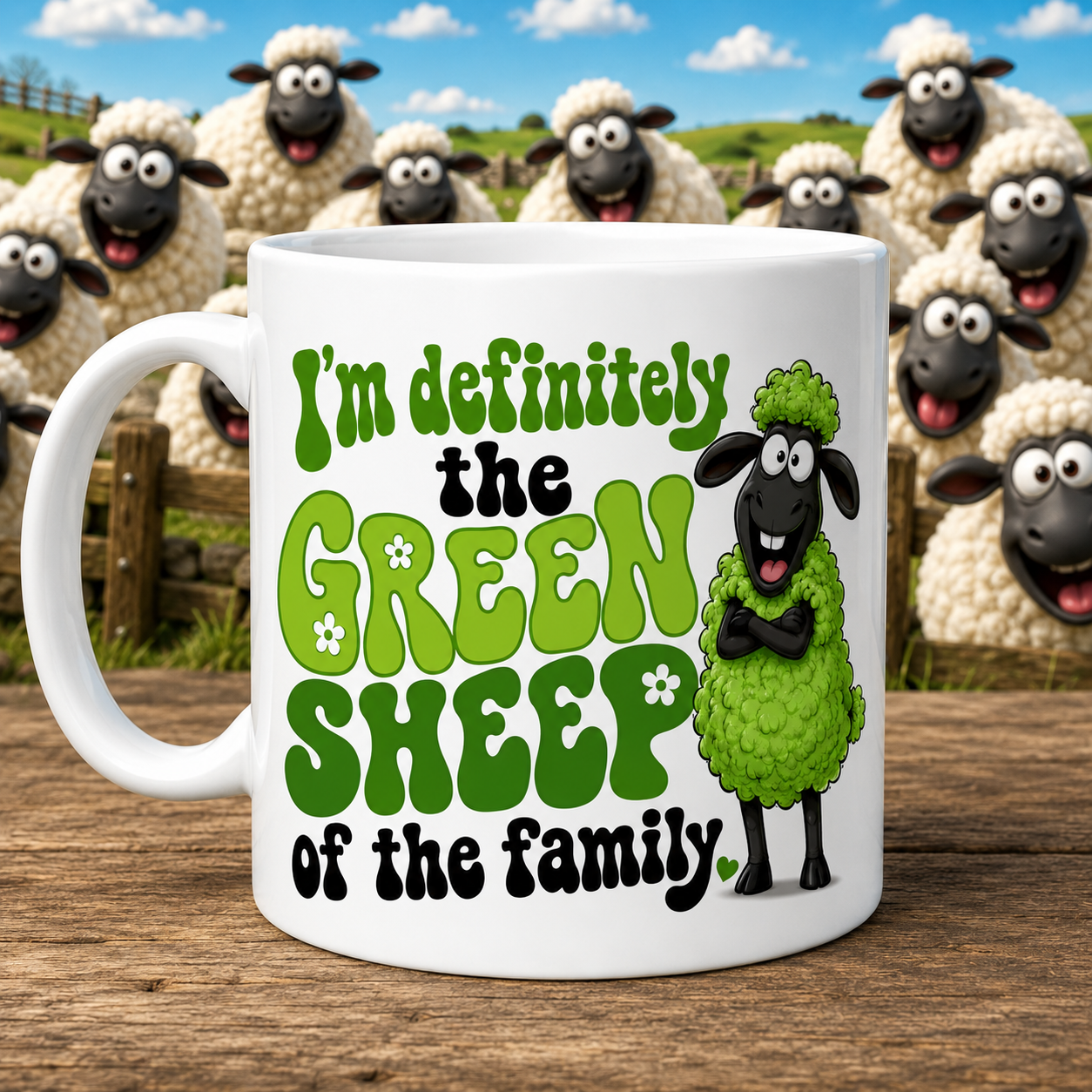 Personalised I’m Definitely The Green Sheep Of The Family Mug – Funny Sheep Coffee Cup – Funky Retro Green Animal Mug – Novelty Gift Idea, 11oz