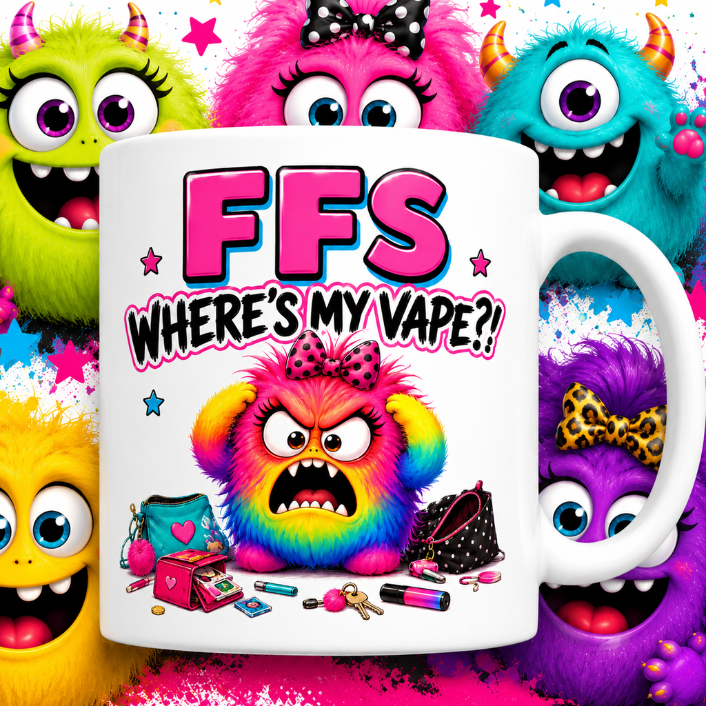 FFS Where's My Vape? Mug – Funny Vape Lover Coffee Mug – Colourful Monster Design – Novelty Gift for Her – Tea & Coffee Cup 11oz