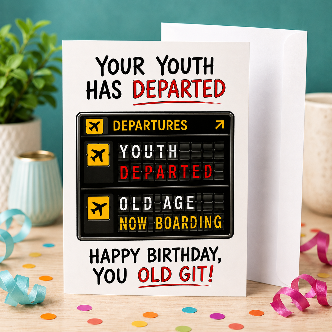 Funny Birthday Card for Him – Your Youth Has Departed Airport Joke – A5 300gsm Premium Matte Card, Blank Inside, White Peel & Seal Envelope